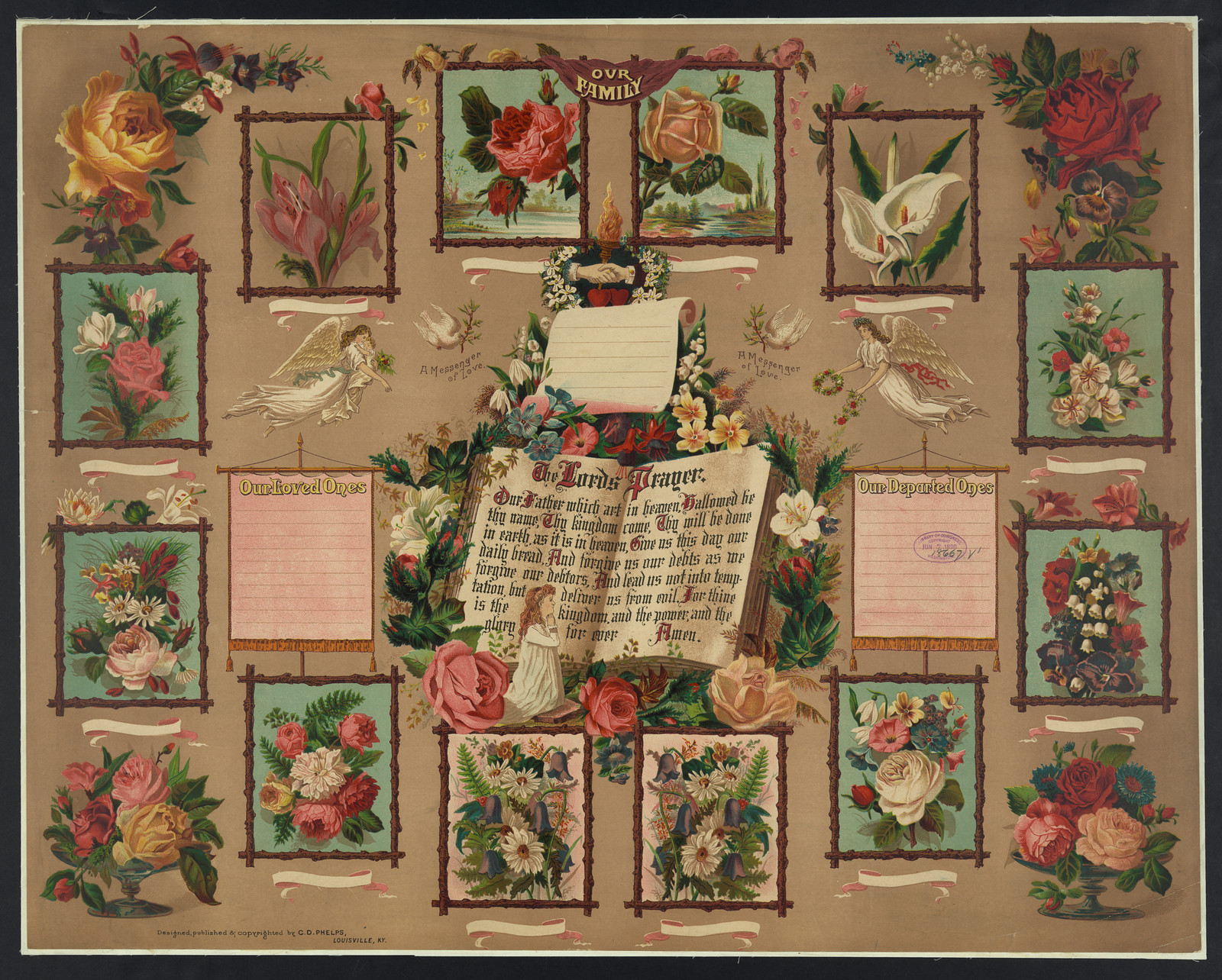 Family record chromolithograph with flowers and the Lord's Prayer — antique lithograph