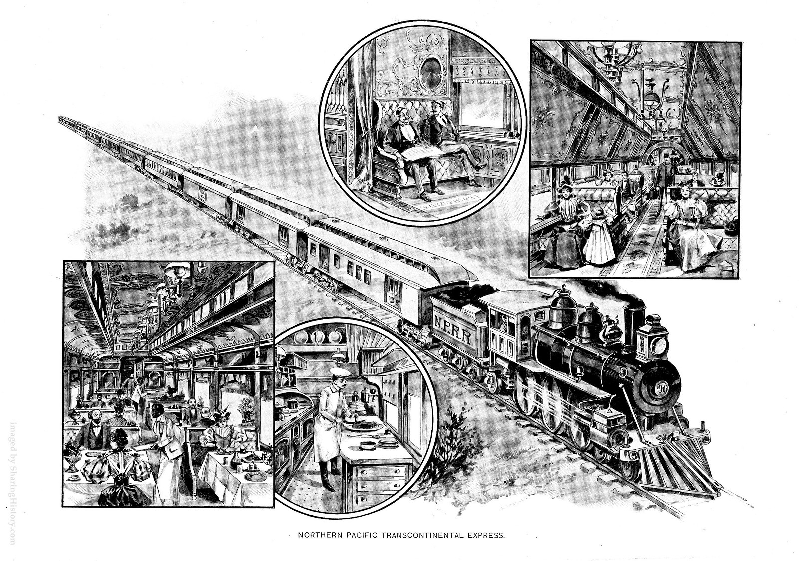 Northern Pacific Transcontinental Express train illustration — historic image