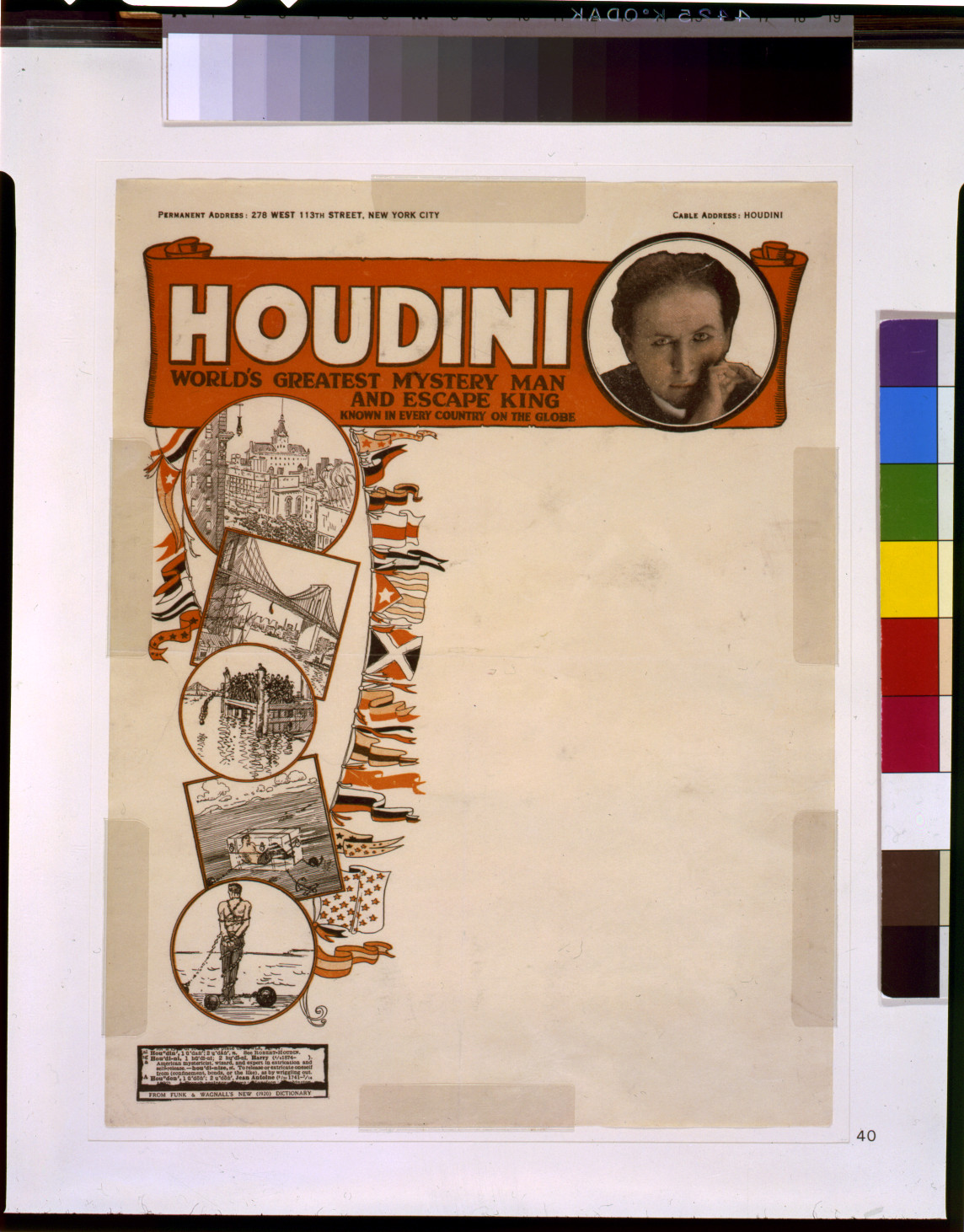 [Two copies of Houdini letterhead, with bust portrait of Houdini and illustrations of his escapes], [between 1920 and 1926] — historic print