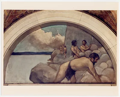 Primitive figures on rocks, lunette mural, copyright 1916 Alexander