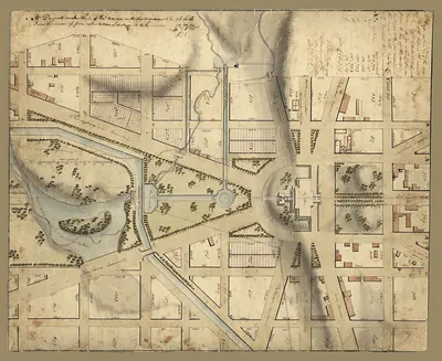 Hand-drawn manuscript plan of Washington City streets and parks