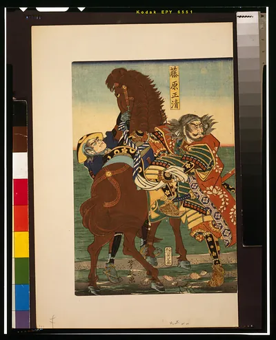 Japanese woodblock print of a samurai on horseback