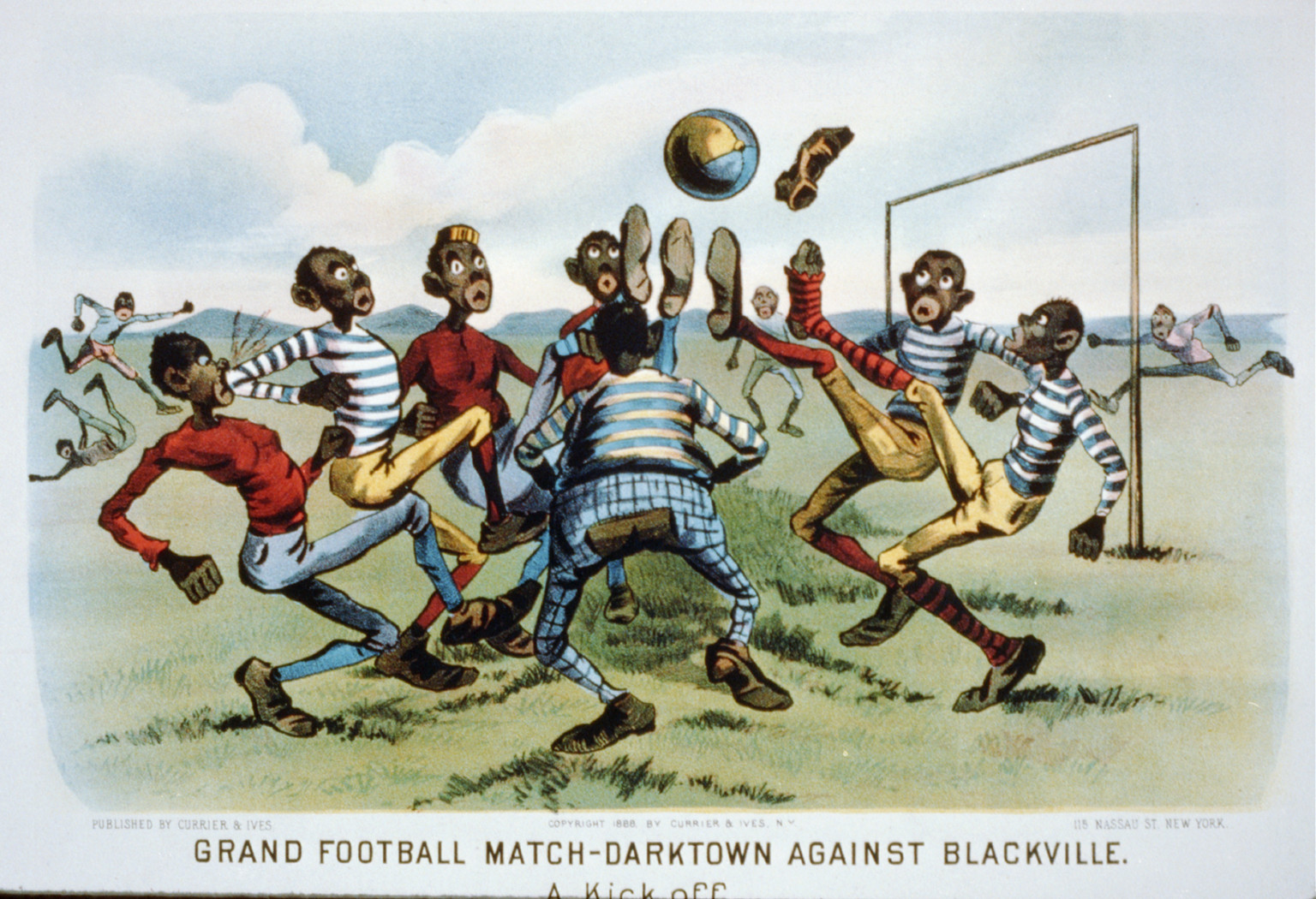 Grand football match--darktown against Blackville: a kick off, New York : Published by Currier & Ives, c1888. — antique lithograph