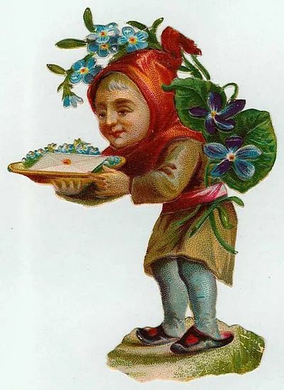 Elf child carrying a tray of forget-me-nots and violets