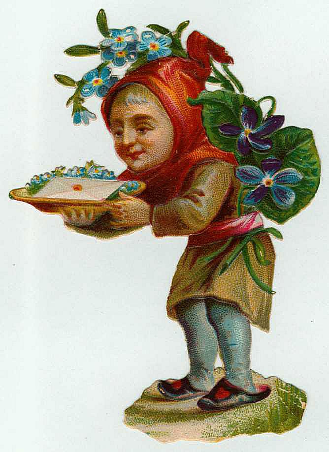 Elf child carrying a tray of forget-me-nots and violets — historic image