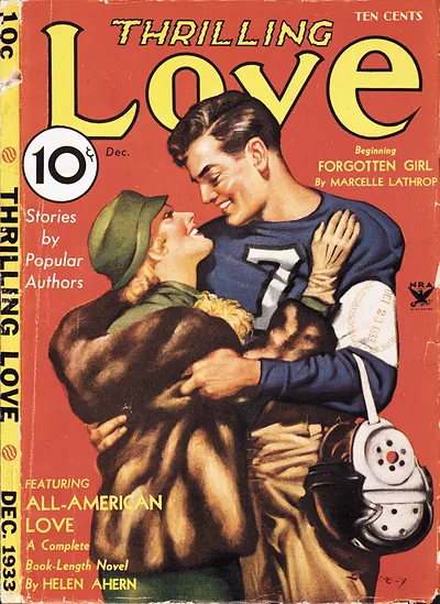 Thrilling Love magazine cover, Dec. 1933, couple and football player