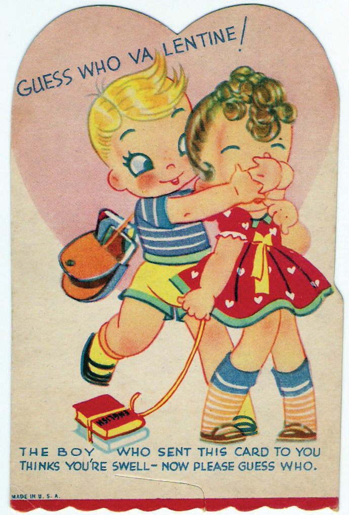Guess Who Valentine card with a blond boy and curly-haired girl — historic image