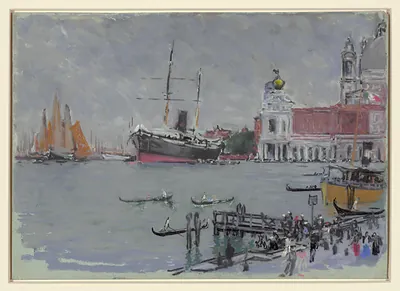 Steamship, sailing boats and gondolas on a Venetian lagoon
