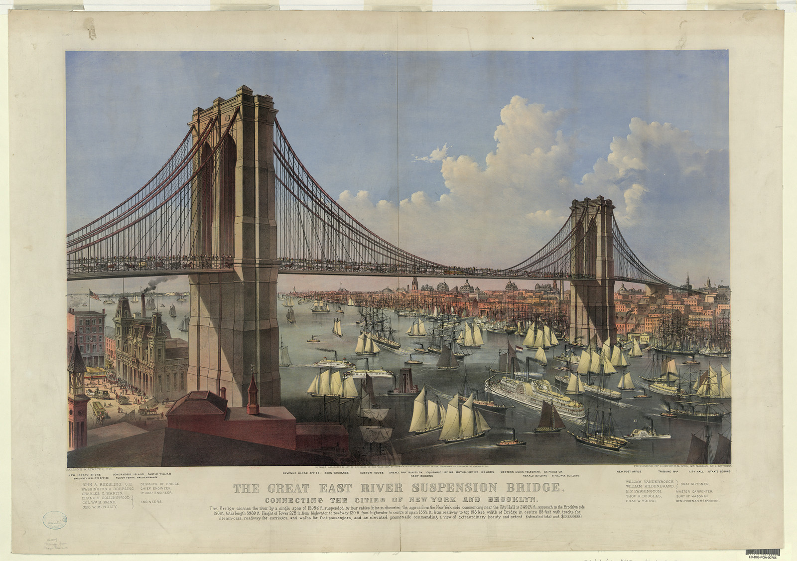 The Great East River Suspension Bridge, Connecting the Cities of New York and Brooklyn — historic image