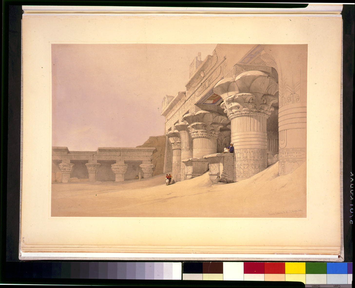 Egyptian temple colonnade with carved columns and small figures — historic image
