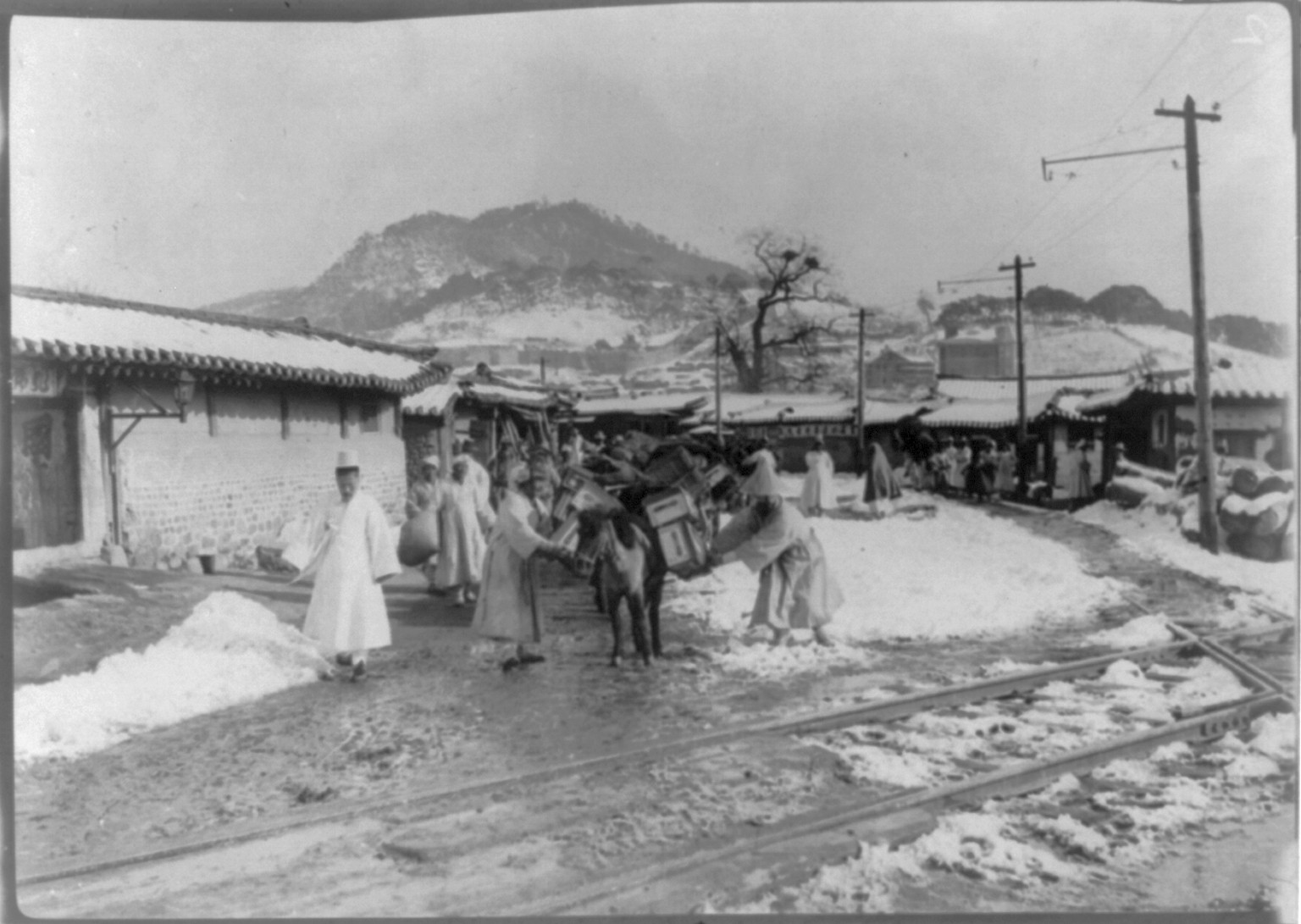 First arrival pack horses, Seoul, bound north, c1904. — historic photograph