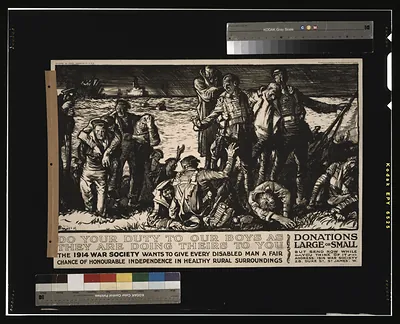 Do your duty to our boys as they are doing theirs to you. The 1914 War Society wants to give every disabled man a fair chance of honourable independence in healthy rural surroundings / designed by Frank Brangwyn A.R.A. printed by the Avenue Press Ltd. Bouverie St. London E.C. England.