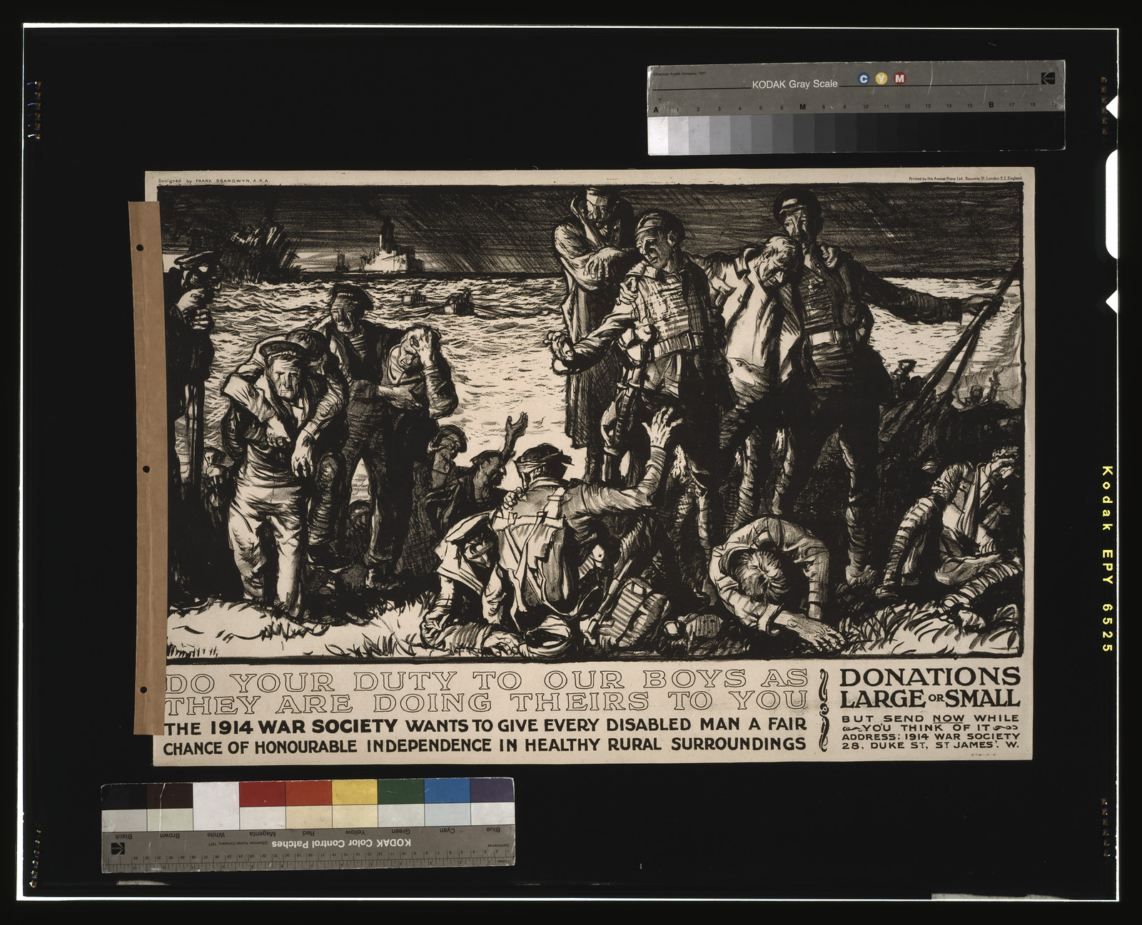 Do your duty to our boys as they are doing theirs to you. The 1914 War Society wants to give every disabled man a fair chance of honourable independence in healthy rural surroundings / designed by Frank Brangwyn A.R.A. printed by the Avenue Press Ltd. Bouverie St. London E.C. England., 1914 — vintage poster