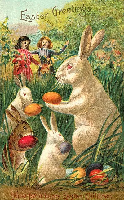 Easter Greetings postcard with rabbits and children