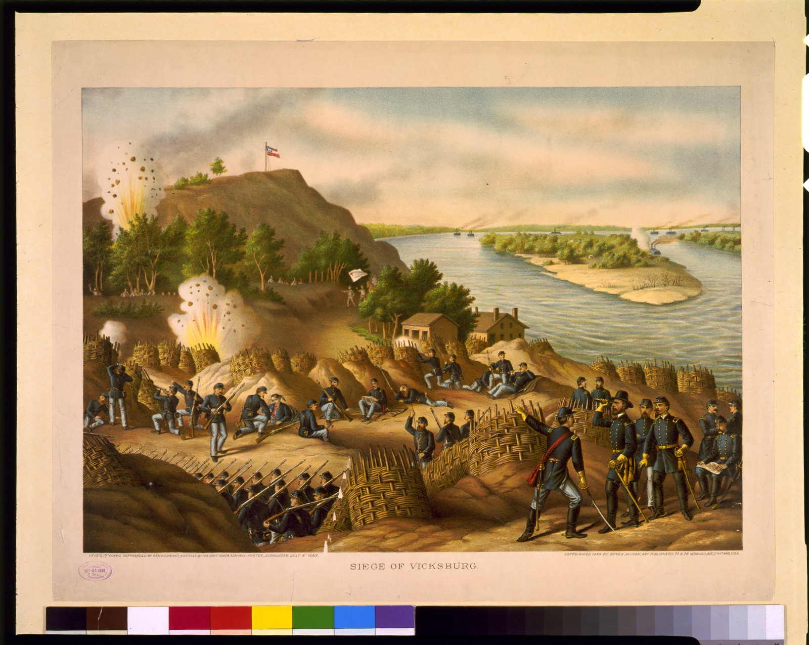 Siege of Vicksburg--13, 15, & 17 Corps, Commanded by Gen. U.S. Grant, assisted by the Navy under Admiral Porter--Surrender, July 4, 1863, c1888. — antique lithograph