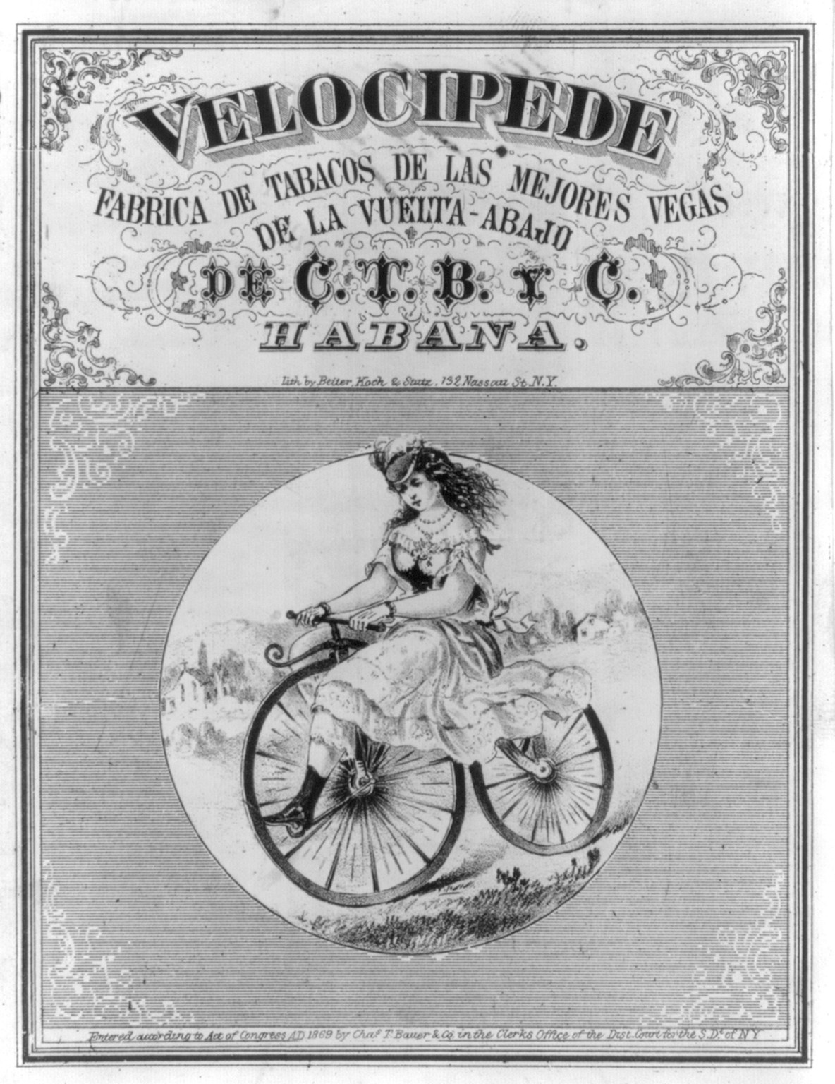 Velocipede, 1869 — antique lithograph