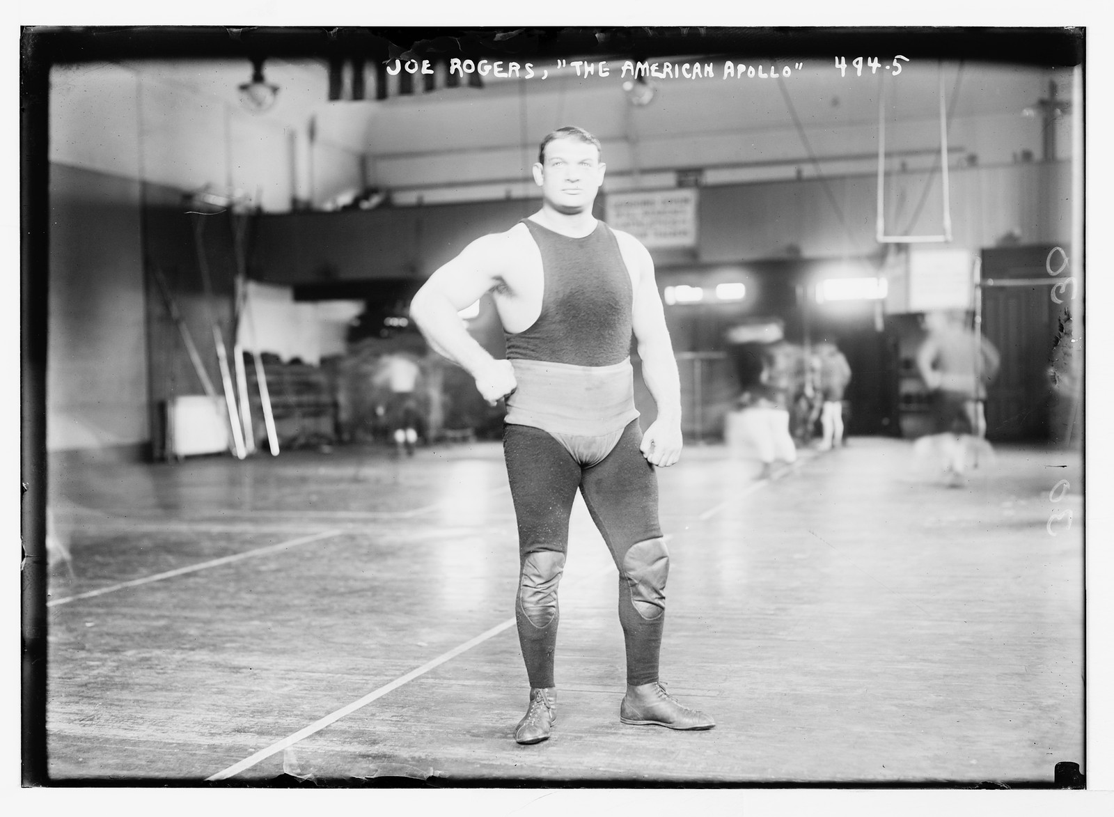 Joe Rogers, posing as "The America Apollo", in gymnasium, n/a — historic photograph