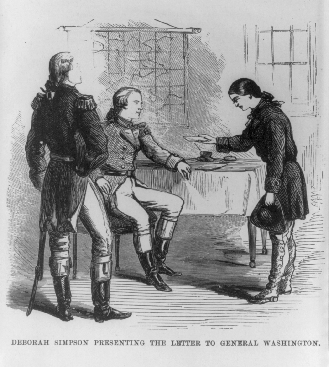 Deborah Simpson [i.e., Sampson] presenting the letter to General Washington, [no date recorded on caption card] — antique engraving