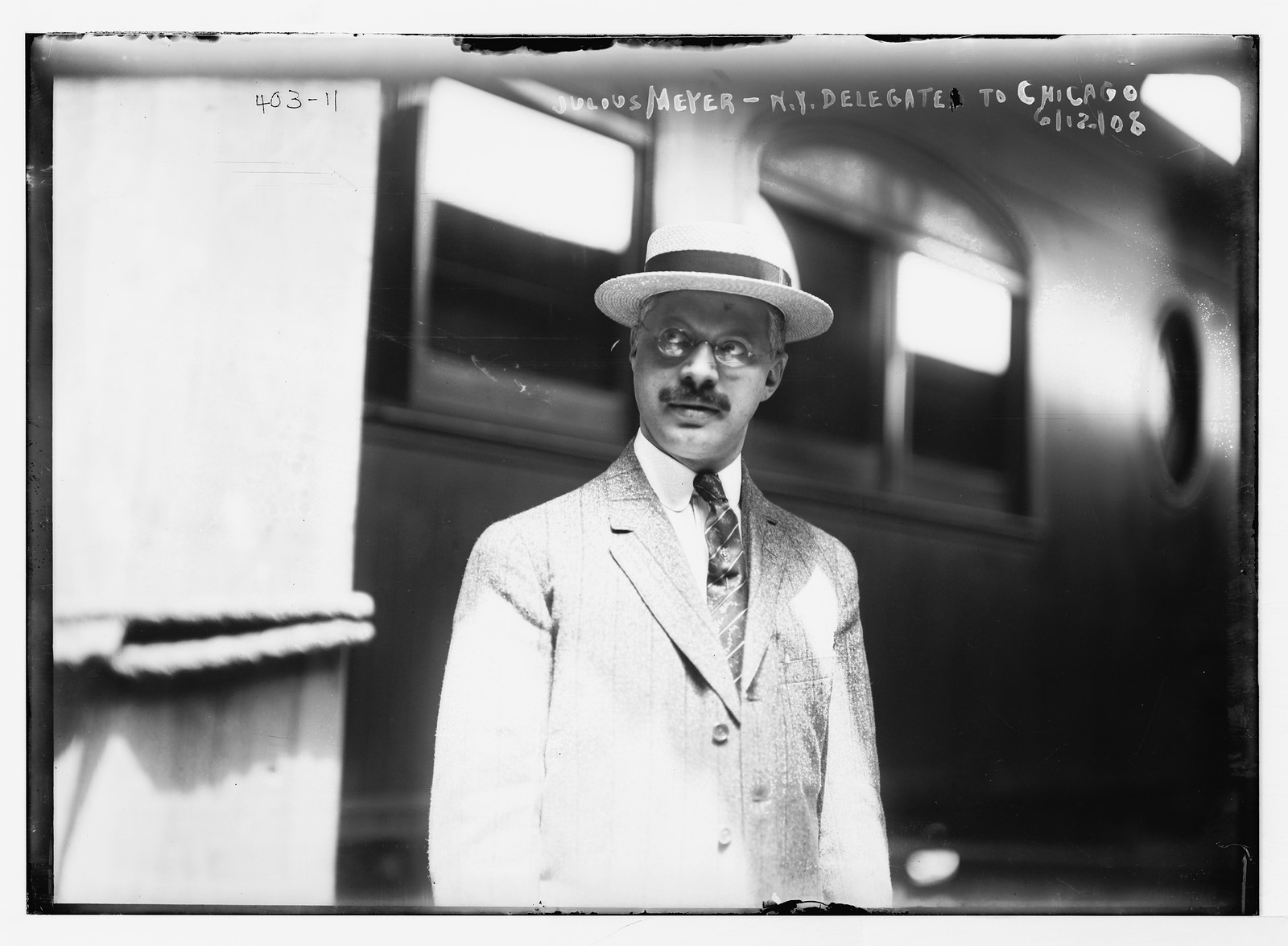Julius Meyer, N.Y. Delegate to Chicago on train platform, 6/12/08. — historic photograph