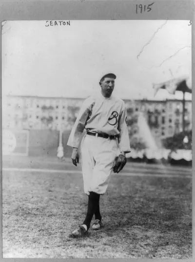 [Thomas Gordon Seaton, baseball player with Brooklyn (Fed.), full-length portrait, standing, facing right, wearing baseball uniform, in Washington Park]