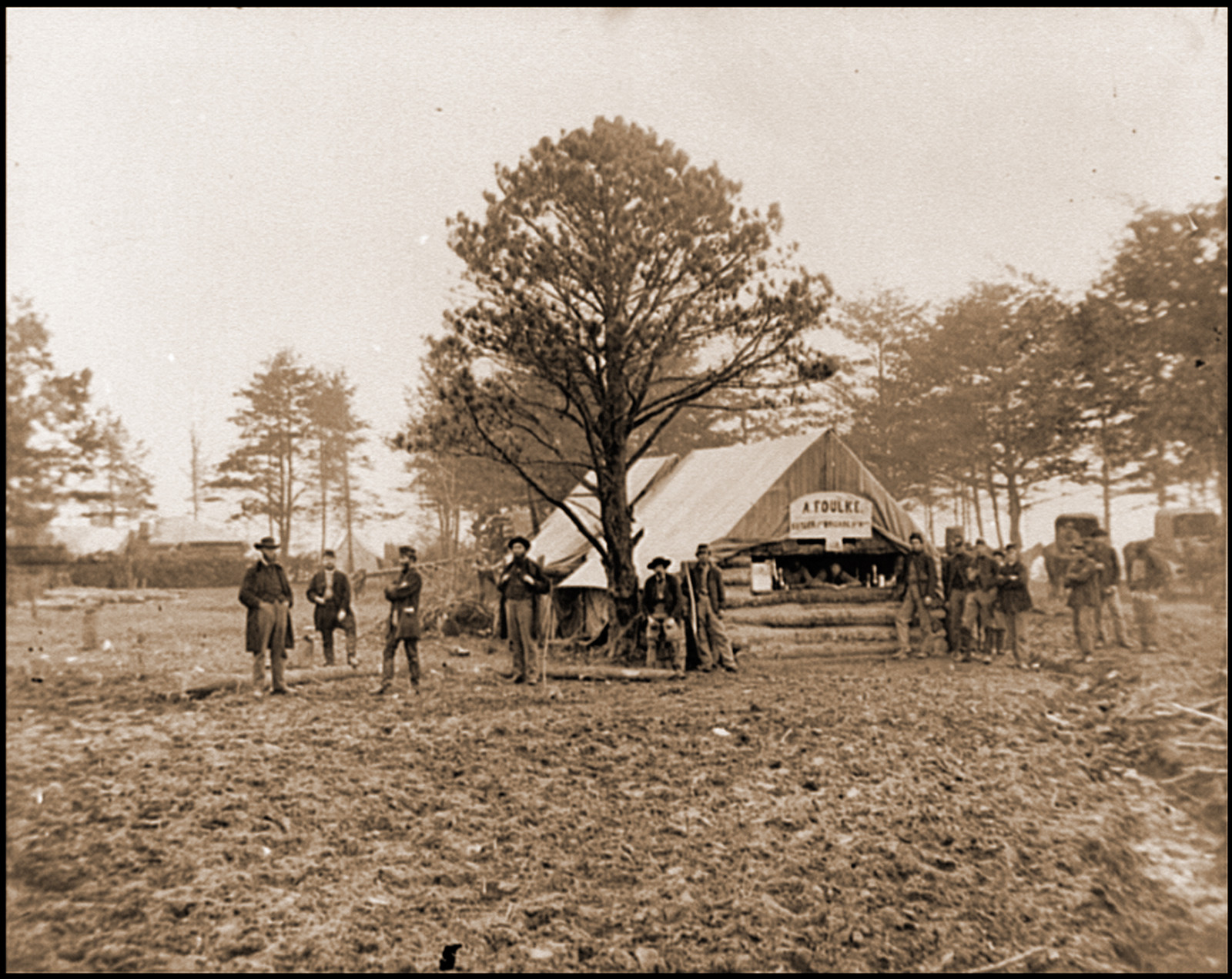 Brandy Station Va. Tent of A. Foulke Sutler at headquarters of 1st Brigade Horse Ar, 1864 — historic photograph