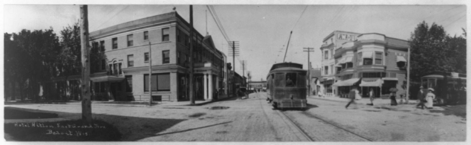 Hotel Hilton, East Grand Ave., Beloit, Wisconsin--Car no. 405 of the Beloit Traction Co. in center; portion of car no. 407 at extreme right, c1908. — historic photograph