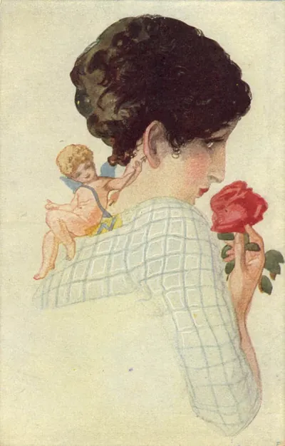 Woman in profile with Cupid and a red rose