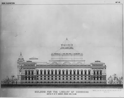 Library of Congress. Plans and Design. Building for the Library of Congress, side elevation, no. VII