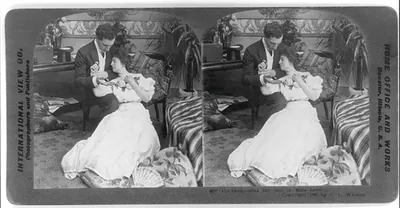 Stereoview of a couple in a parlor, man with a ring