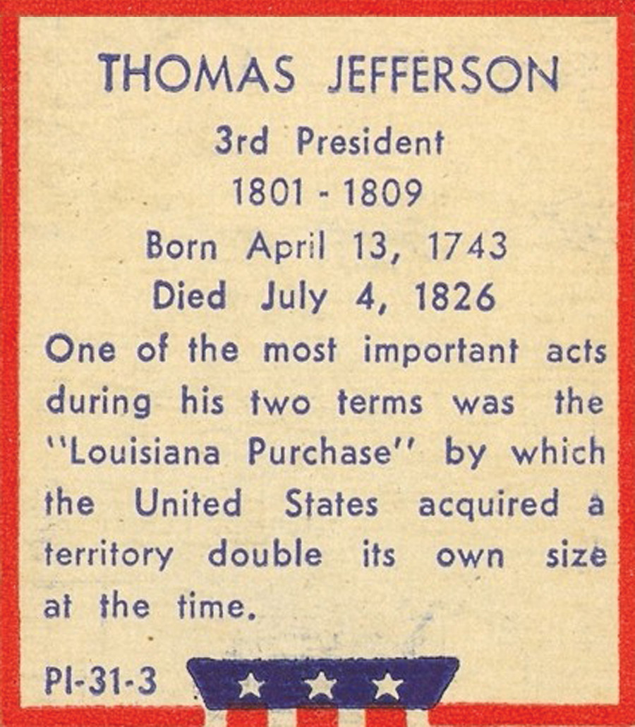 Thomas Jefferson, 3rd President, 1801-1809 biographical card — historic image