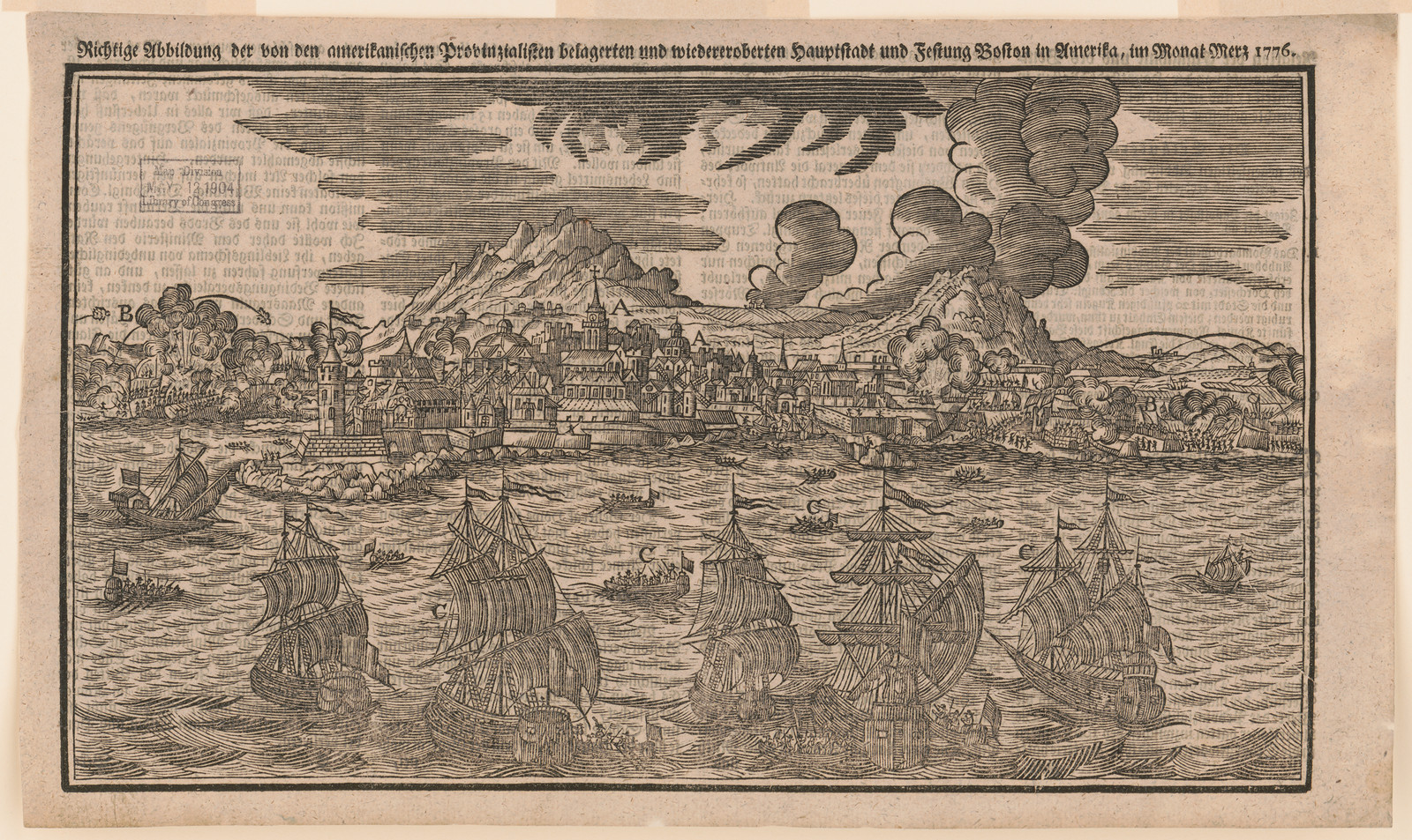 True depiction of Boston besieged by American rebels, March 1776 — historic image