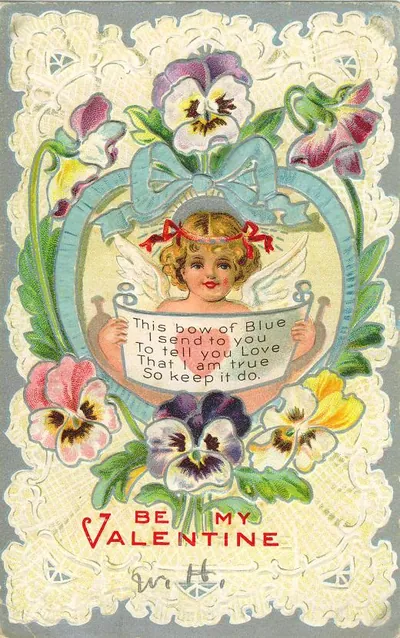 Be My Valentine card with cherub and pansies