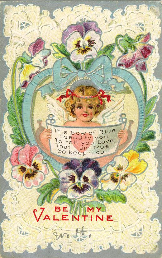 Be My Valentine card with cherub and pansies — historic image