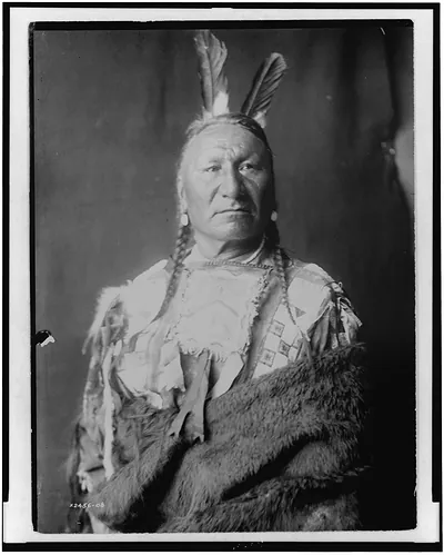 [Yellow Horse--Yanktonai, half-length portrait, standing, facing slightly right, with long braids, two eagle feathers in hair, wrapped in buffalo skin]