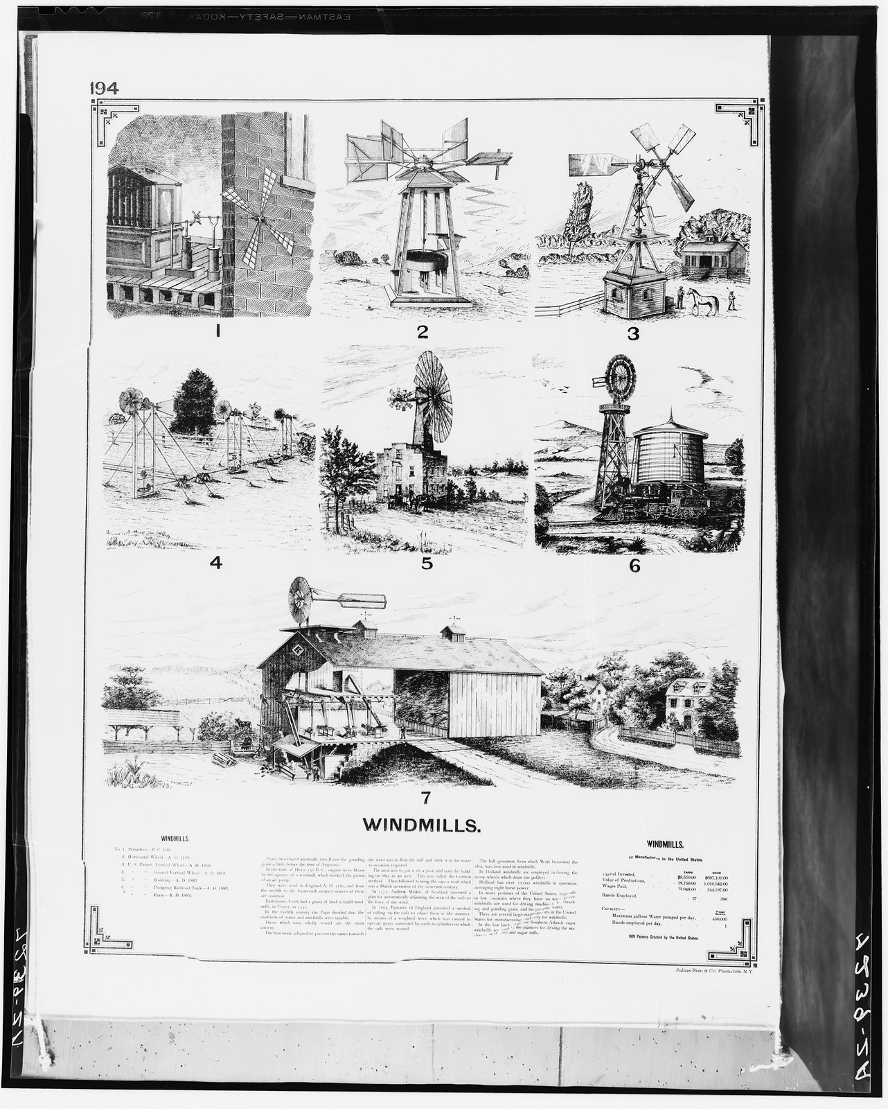 Engraved page of windmill illustrations titled Windmills, plate 194 — historic image