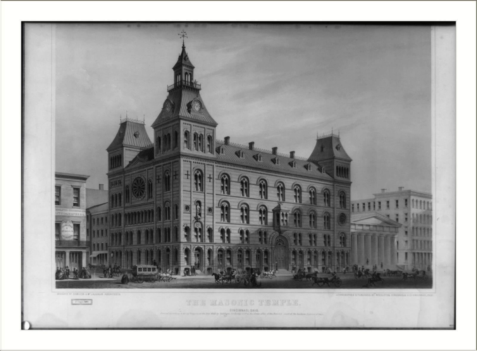 The Masonic Temple, Cincinnati, Ohio / lithographed & published by Middleton, Strobridge & Co., Cincinnati, Ohio., Cincinnati, Ohio : Middleton, Strobridge & Co., 1859, c1860 Sept. 6th. — antique lithograph