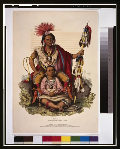 Keokuk, chief of the Sacs & Foxes / drawn, printed & coloured at I.T. Bowen's Lithographic Establishment.