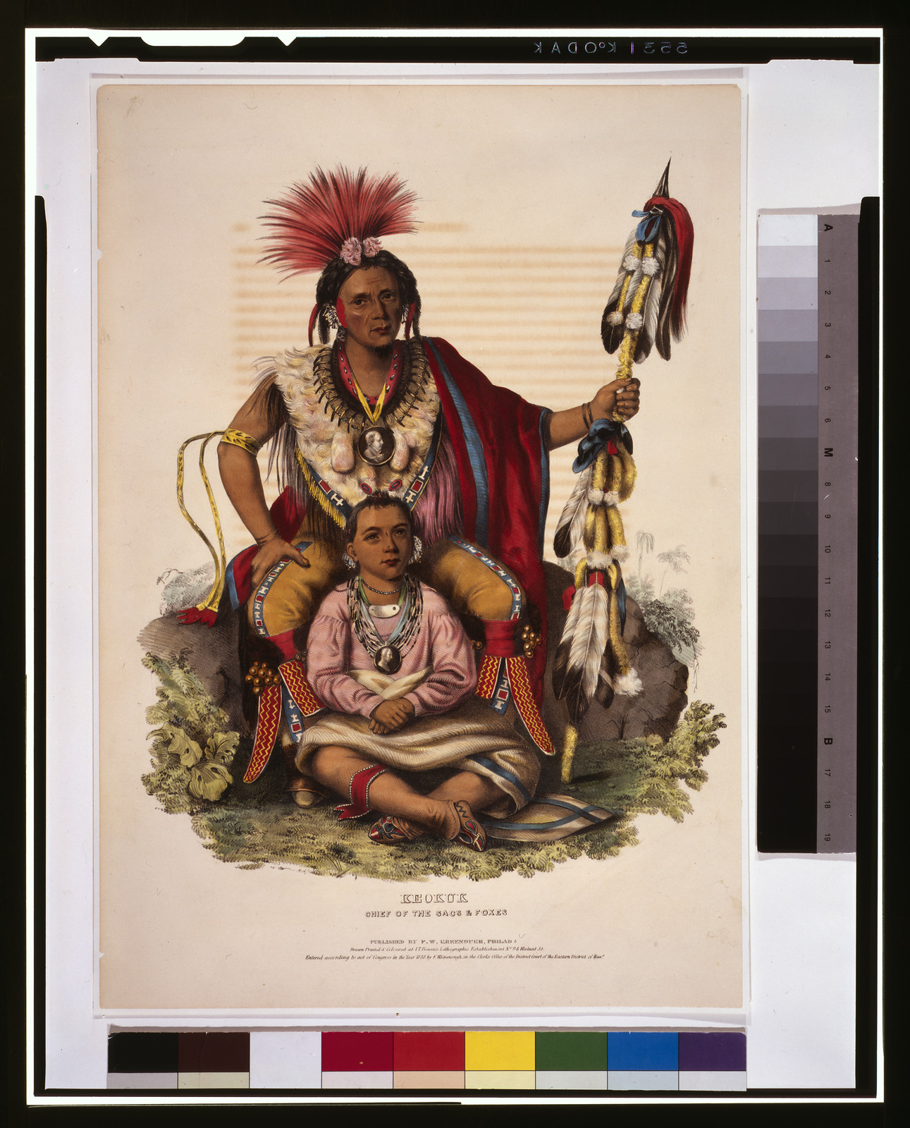 Keokuk, chief of the Sacs & Foxes / drawn, printed & coloured at I.T. Bowen's Lithographic Establishment., Philada. : published by F.W. Greenough, 1838. — antique lithograph