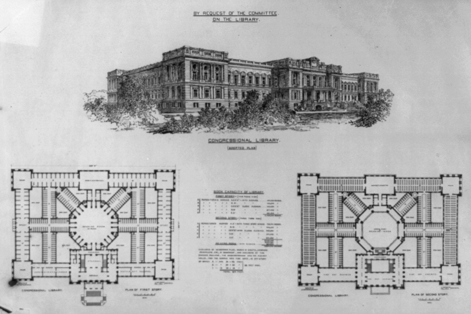 [Library of Congress, Washington, D.C. Perspective rendering and plan of 1st and 2nd stories], and Engineering (ADE) Drawings" (http://www.loc.gov/rr/print/res/103_ade.html)." — historic drawing