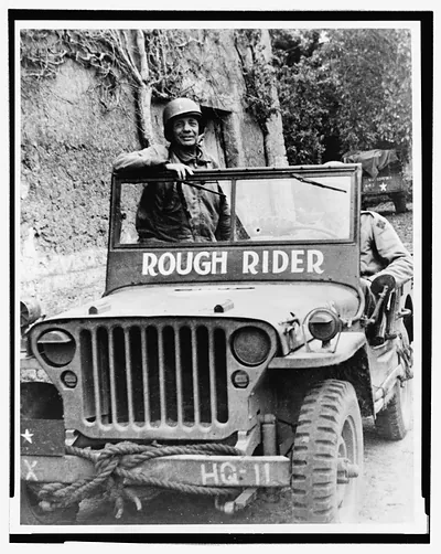 [Theodore Roosevelt, Jr., posed in his jeep in France during World War II] / Walter Scott Shinn, New York.