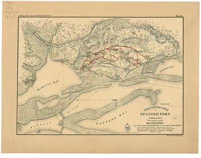 Siege operations at Spanish Fort, Mobile Bay, by the U.S. forces under Maj. Gen. Canby captured by the Army of West Miss. on the night of April 8 & 9,