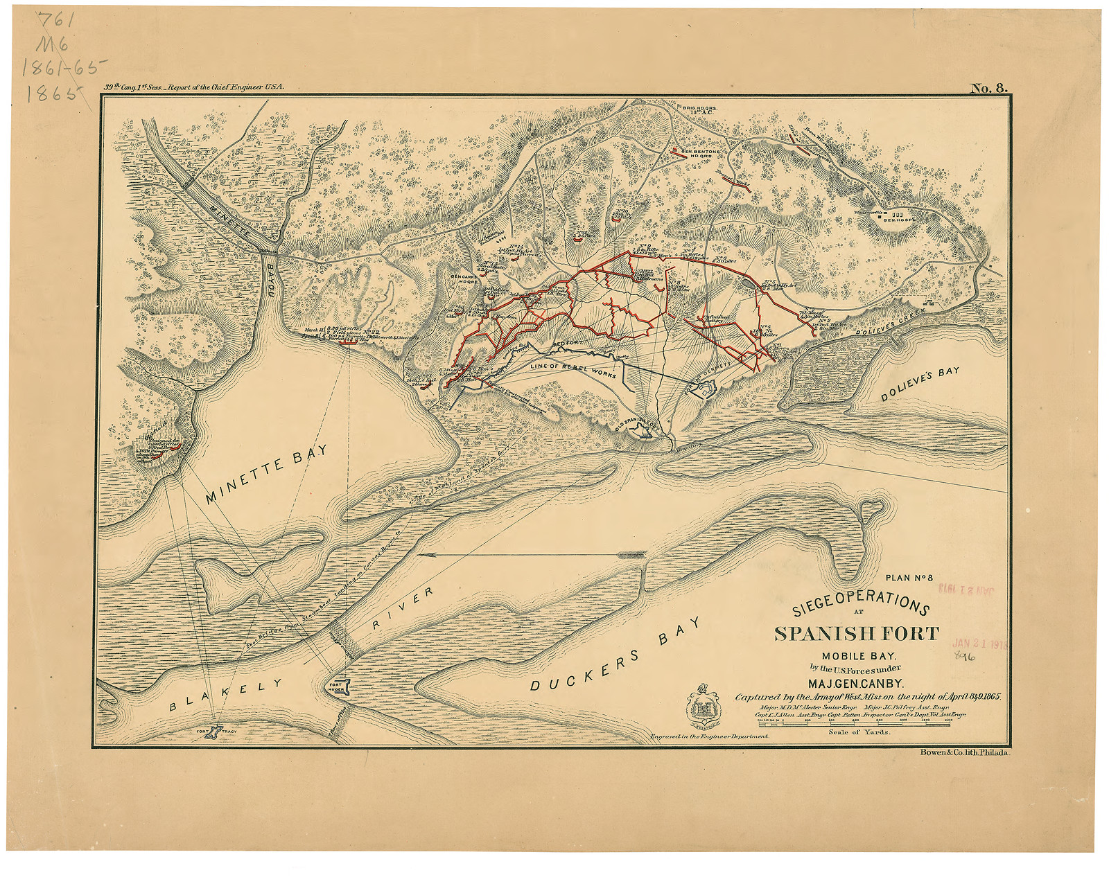 Siege operations at Spanish Fort, Mobile Bay, by the U.S. forces under Maj. Gen. Canby captured by the Army of West Miss. on the night of April 8 & 9,, 1865 — historic image