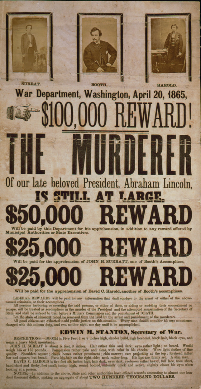 $100,000 reward! The Murderer Of Our Late Beloved President, Abraham Lincoln, Is Still At Large, c. 1865 — historic print