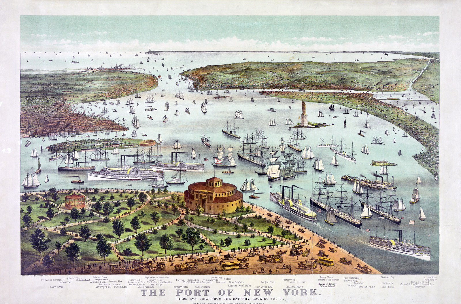 The Port of New York--Birds eye view from the Battery, looking south, New York : Published by Currier & Ives, c1892. — antique lithograph