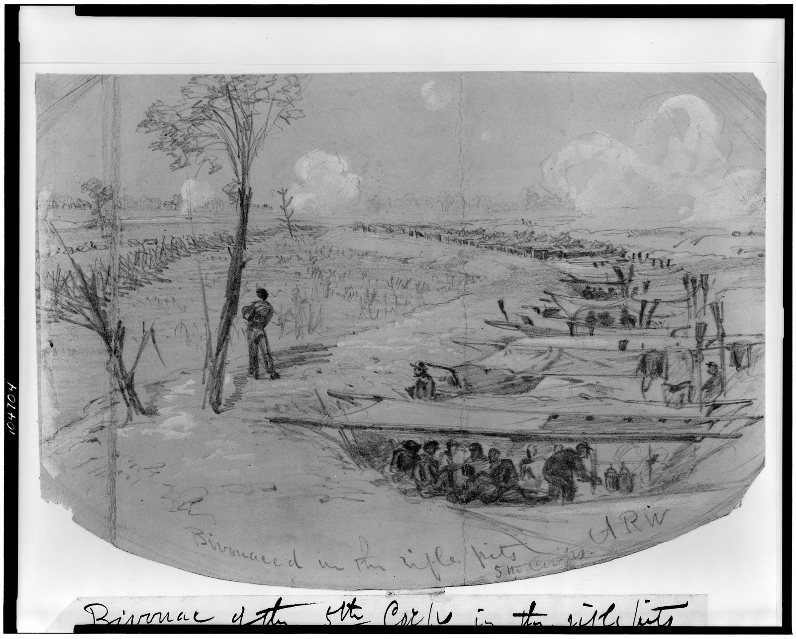 Bivouaced in the rifle pits 5th Corps, [1864 July] — historic drawing