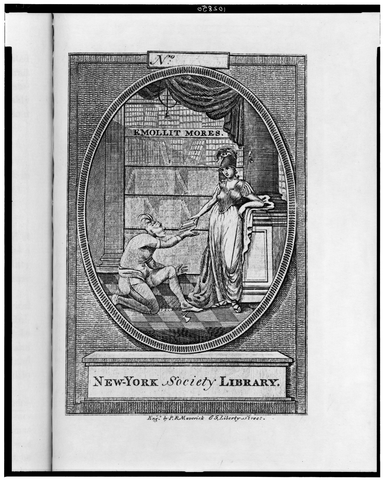 [Bookplate of the New York Society Library] / eng'd by P.R. Maverick, 65 Liberty Street., [between 1775 and 1811, printed 1907] — antique engraving