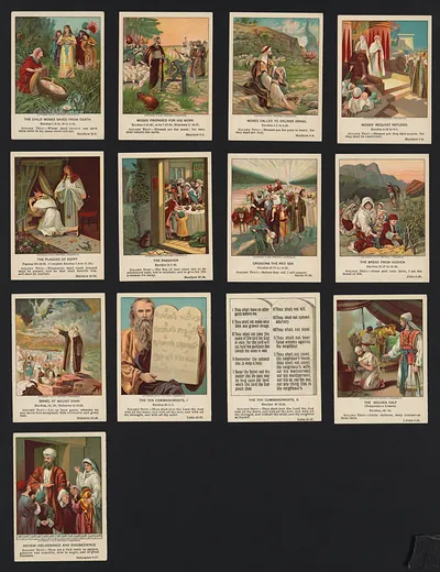 Grid of Bible story cards with Moses and Ten Commandments