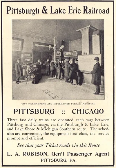 Pittsburgh & Lake Erie Railroad advertisement with city ticket office photo