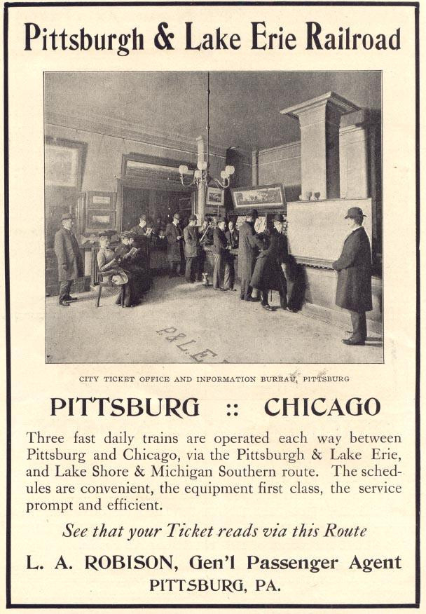 Pittsburgh & Lake Erie Railroad advertisement with city ticket office photo — historic image