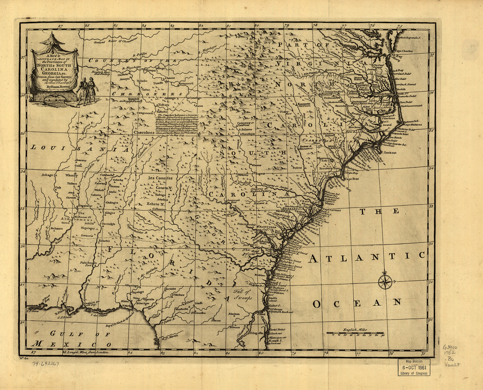 np000148 A new & accurate map of the provinces of North & South Carolina, Georgia 1752 — antique map